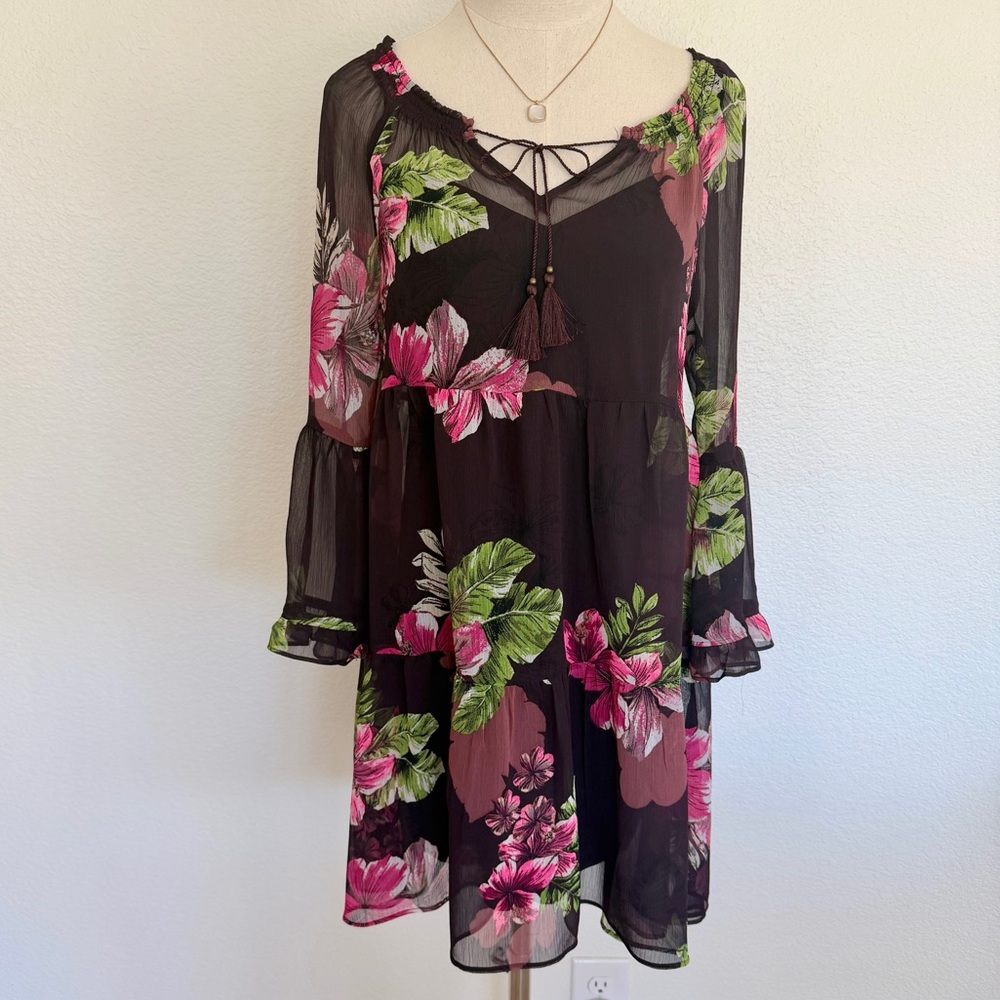 🌺 EXPRESS Brown Hibiscus Flower Floral Print Babydoll Chiffon Dress